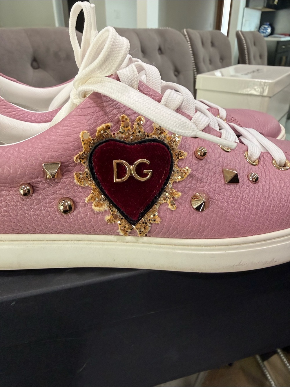 Dolce & Gabbana Pink Leather Sneakers with Red Heart and Gold Studs